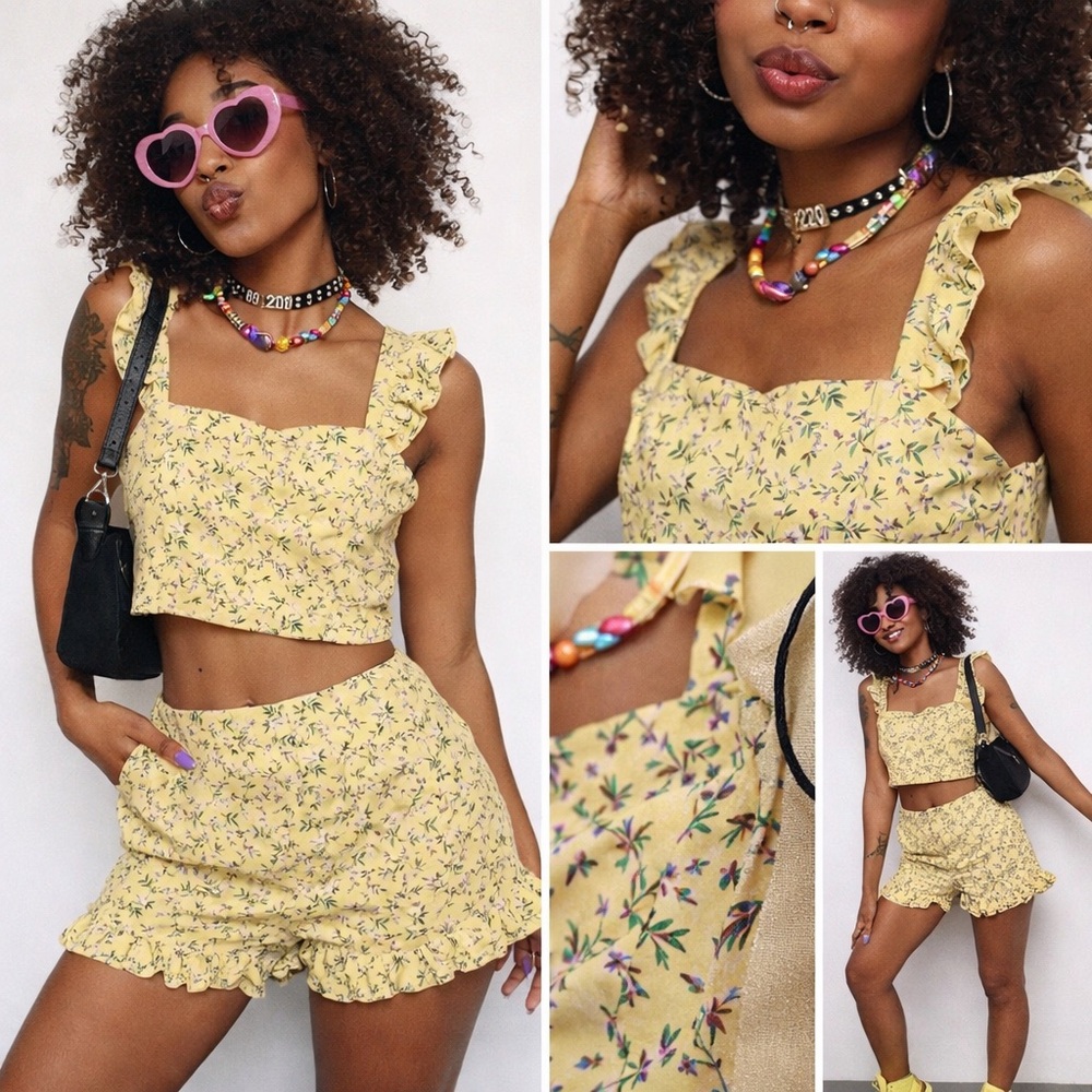 Nasty Gal Days of Flower Lives Floral Crop Top and Shorts Set Yellow - Picture 1 of 9